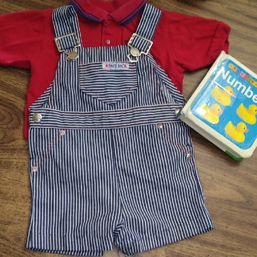 🚂 Health-Tex VintageBlue and White Striped Shortalls And Baby B'Gosh Red ♥️ Top